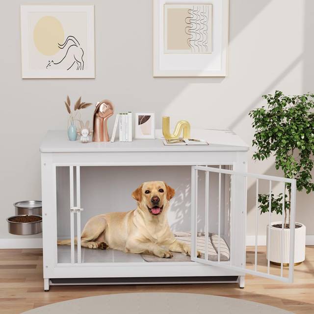 Dog Cage For Home, Wooden Dog Box, 93 X 64 X 58 Cm, Dog House With 2 Dog Bowls And Door, Dog House For Indoor Use With Removable Tray, Dog Box For Med - White (Medium (20-50lbs);Small (10-20lbs);Extra Small (5-10lbs))