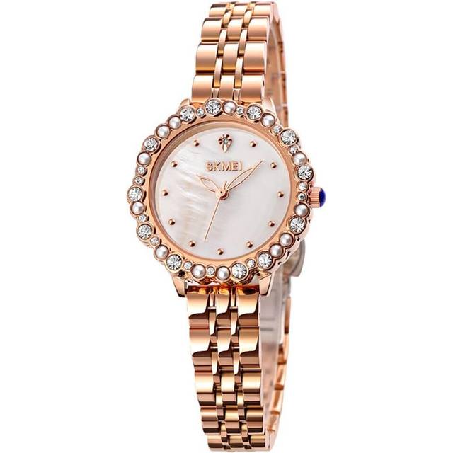 Women Stainless Steel Pearl Rhinestone Shell Waterproof Round All-Match Watch Girls