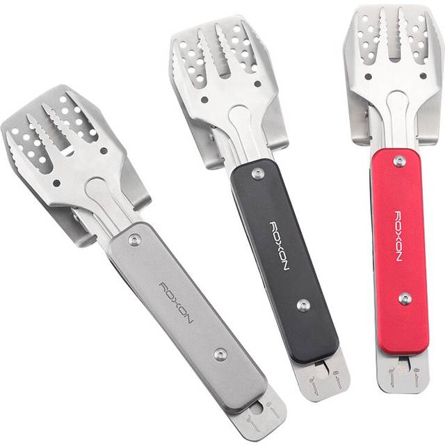 (Grey) 4-in-1 Mini Barbecue Tool Set with spatula fork tongs bottle opener EDC tool for kitchen outdoor hiking Camping