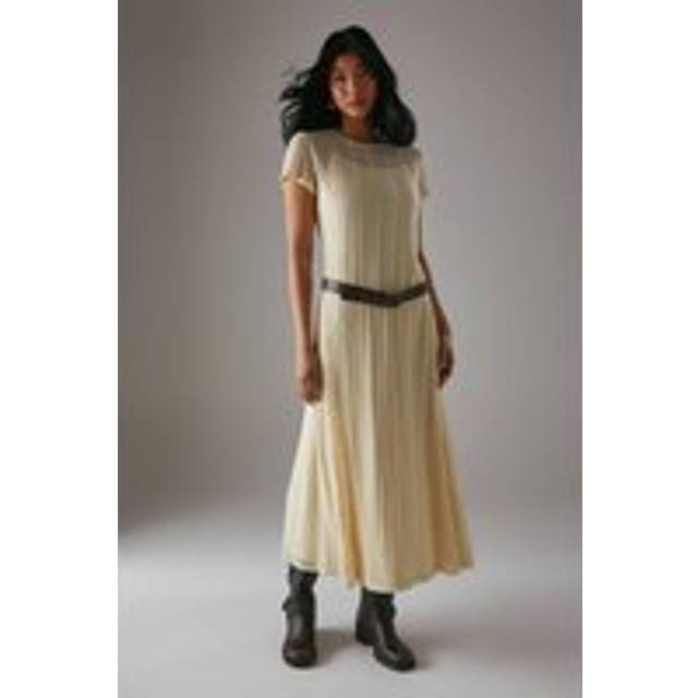 Warehouse Hcd Stripe Lace Grown On Midi Tshirt Dress In Cream - cream - 8