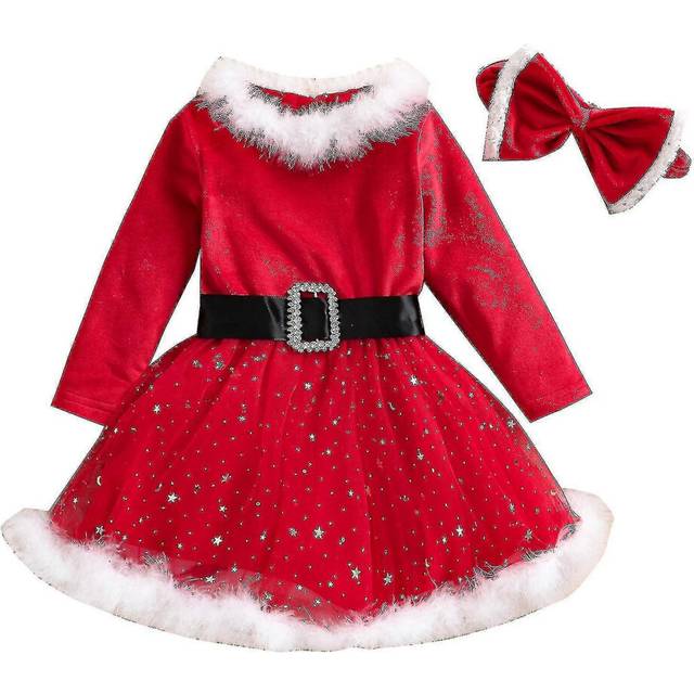 (150, One size) Girls Long Sleeve Velvet Christmas Dress