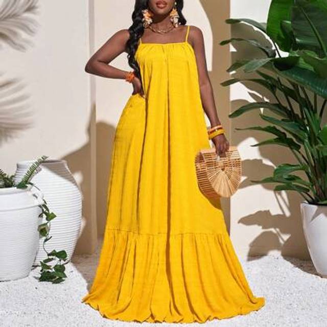 Slaydiva Loose Yellow Dress With Flared, Summer