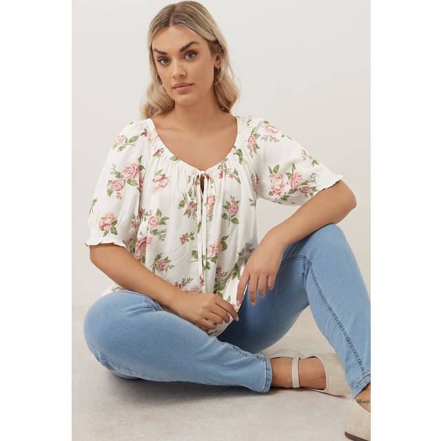 Yours Curve White & Pink Floral Tie Neck Blouse, Women's Curve & Plus Size, Yours - 34-36