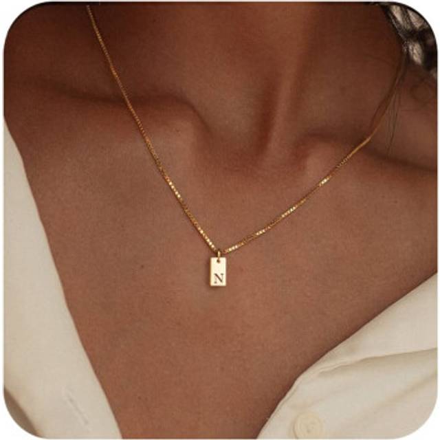 FISSEN JEWELRY Initial Necklaces for Women 14K Gold Plated Letter Necklace Dainty Gold Name Necklace Personalized Initial Tag Pendant Necklace for Wom