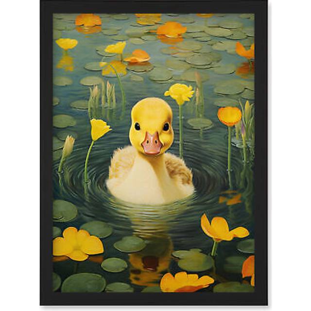 Wall Art Print Whirlpool Duckling Lily Pads and Flowers Kids Bedroom Nursery Artwork Framed A4 - Black - A4