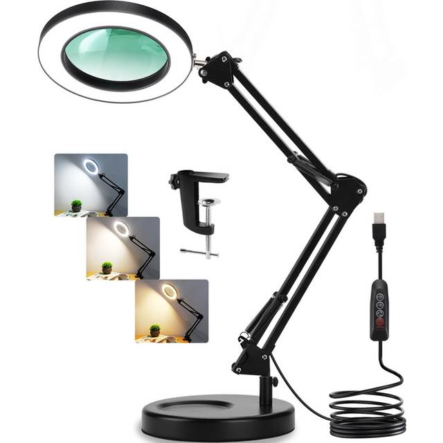 Veemagni 10X Magnifying Glass with Light and Stand, 2-in-1 Real Glass Magnifying Desk Lamp & Clamp, 3 Color Modes Stepless Dimmable LED Lighted Magnif