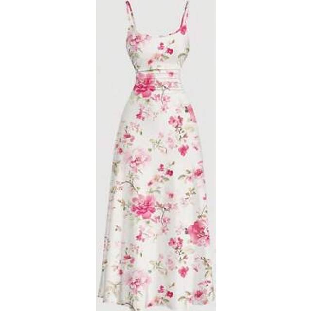 SHEIN Casual Minimalist Empire Waist Ruched Hem Spaghetti Strap Floral Print Long Dress
