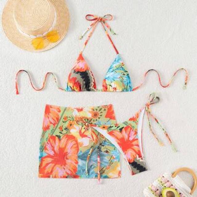 SHEIN 3pcs Floral Allover Print Wireless Halter Tie Back Side Tie Bow Sheer Net Fabric Bikini Swimwear Set For Women, For Summer Beach Vacation
