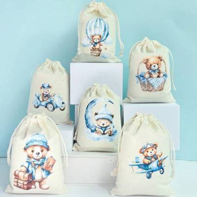 SHEIN 6 Pcs Cute Little Bear-Themed Gift Candy Bags, Canvas Gift Bags, With Lovely Blue Little Bear-Themed Elements, Suitable For Birthday, Wedding, Festiva
