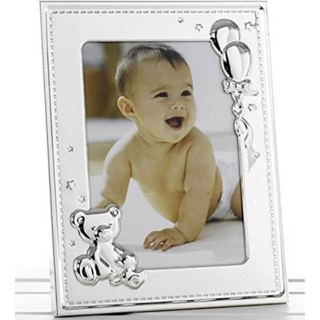 Baby silver photo frame with teddy bear and balloons 5 x 7" christening gift