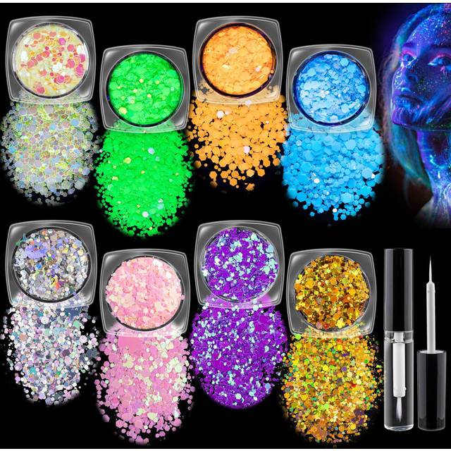 Chunky Glitter and Glow in The Dark Glitter 8 Colors with Glue Set 2  Holographic Body Glitter + Glow Glitter for Women Face Body Nail Hair