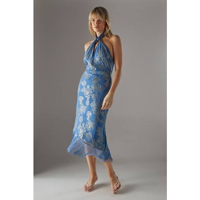 Womens Metallic Chiffon Fringe Hem Halter Wrap Front Midi Dress - Blue - 10