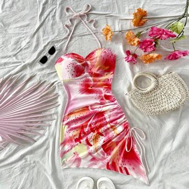 Kvinnors romantiska blommönster monterad ärmlös miniklänning för semesterstrand - Babyrosa (L,M,S,XS)
