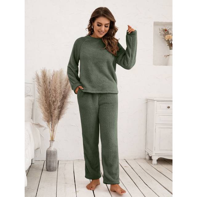 (Army Green, L) Womens Fluffy Fleece Fur Tops Pants Pyjamas Nightwear Teddy Bear Pajamas Set UK