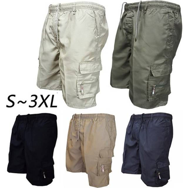 Mens cargo shorts combat multi pocket elasticated waist plain lightweight shorts