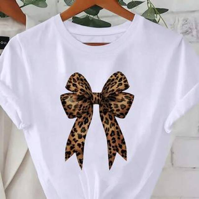 SHEIN Women Leopard Bow T-Shirt, Casual Crew Neck Short Sleeve Top, 95% Polyester 5% Spandex Knit Fabric, Regular Length, Fashionable For Summer And Spring