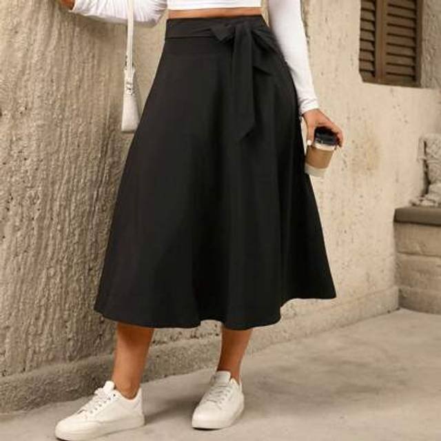 SHEIN Plus Size Women&#39;s Elegant French Style Tie Waist Black Skirt, Summer