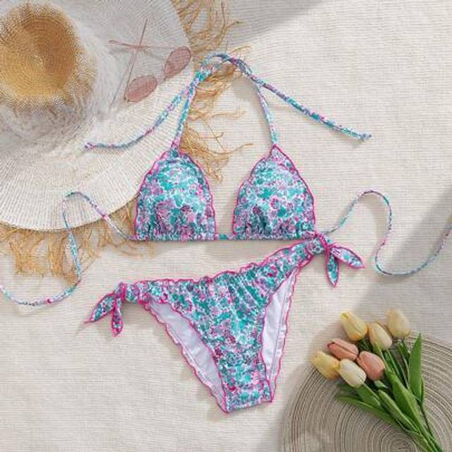 SHEIN Women&#39;s Cute Floral Lace Pleated Bikini Two Pieces Set, Suitable For Summer Island Vacation Swimming