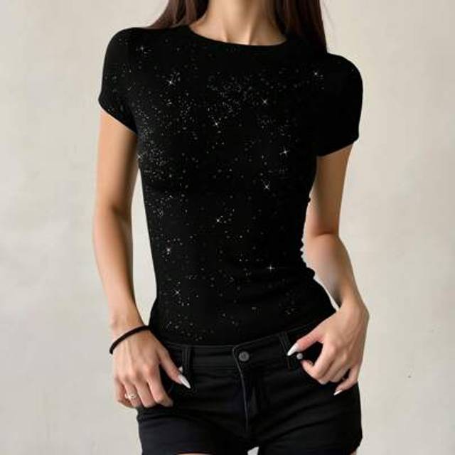SHEIN Women&#39;s Glitter Fitted Crew Neck T-Shirt