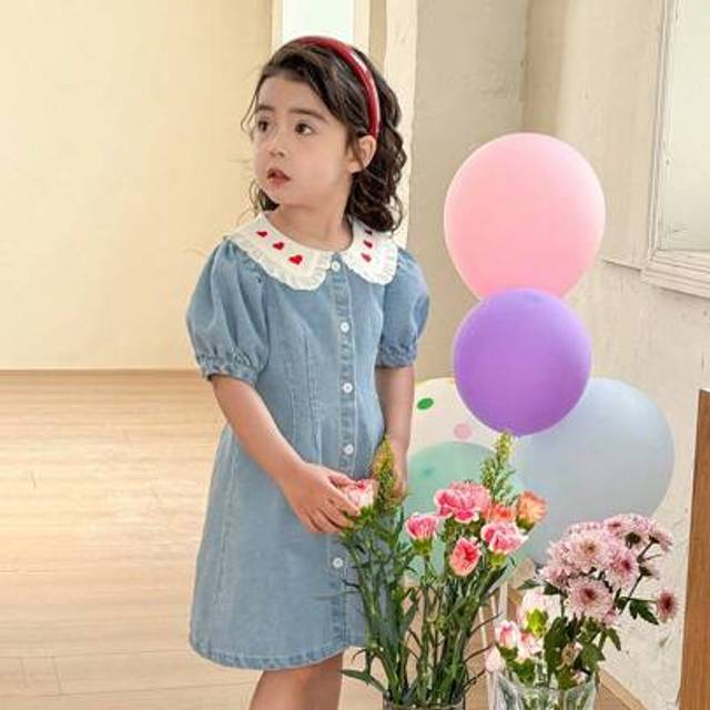 Ung flicka Sommar Casual Colorblock Peter Pan krage puffärmad jeansklänning - Ljustvätt (6Y,7Y,4Y,5Y)
