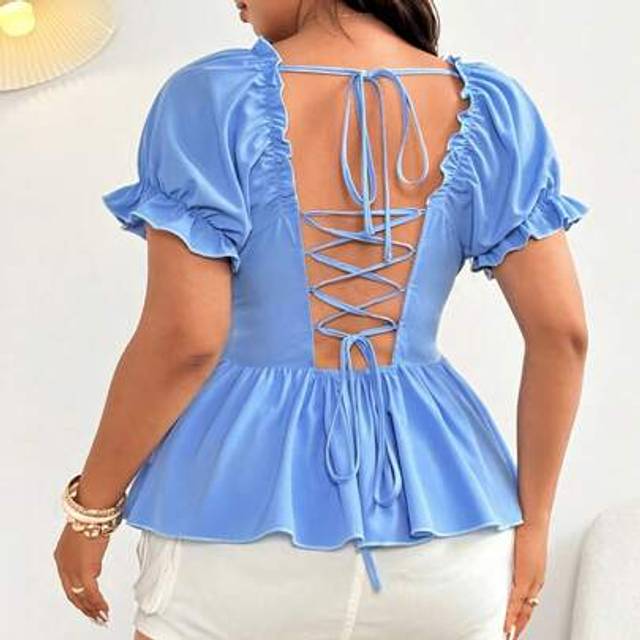 Sunnyshic Plus Size Women&#39;s Elegant Solid Color Bow Decor Hollow Back Ribbon Tie Puff Sleeve Casual Blouse, New Spring/Summer Beach Holiday Party Design