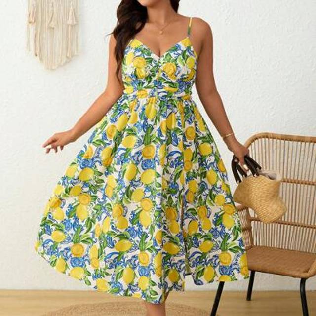Elaquor Plus Size Women&#39;s Resort Style Lemon Print Midi Slip Dress, Tropical Dress, Island Vacation Beach Dress, Yellow Women&#39;s Dress, Floral Dress, Flowing D
