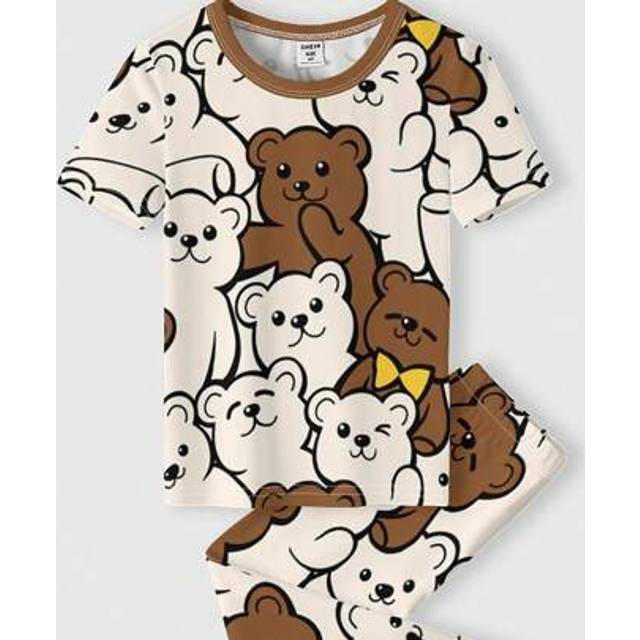 SHEIN Baby Boy Casual Cartoon Bear Print Fitted Crew Neck Comfortable Short Sleeve Pants Pajamas Set, Snug Fit, Suitable For Spring & Summer