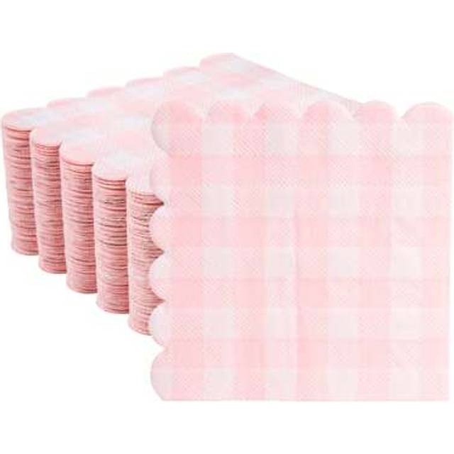 SHEIN 100pcs Pink Scalloped Napkins Pink And White Checkered Decorative Napkins Party Supplies Light Pink Plaid Gingham Dessert Napkins For Women Wedding Bi