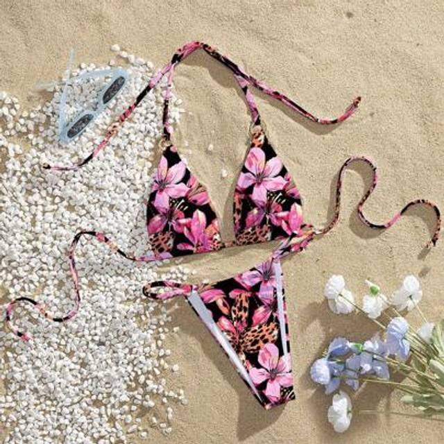 SHEIN Women 2Pcs Sexy Triangle Cup Halter Halter Asymmetric Round Ring Solid Color Spaghetti Strap Bikini Set Summer