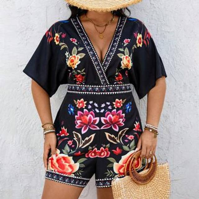 Breezaya Plus Size Women&#39;s Summer Casual Beach Vacation Embroidery Floral Retro Print V-Neck Drawstring Waist Loose Shorts Jumpsuit