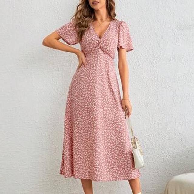 SHEIN Ditsy Floral Print Twist Front Dress,Pastel Dresses For Women