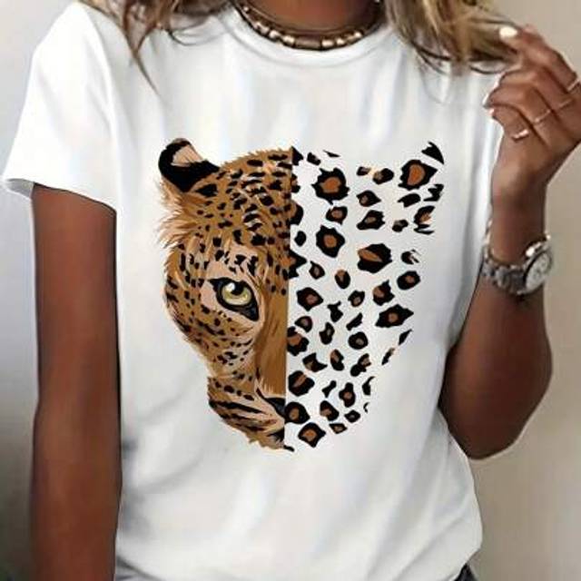 SHEIN Women Solid Color Round Neck Short Sleeve Leopard Head Print Casual Loose T-Shirt