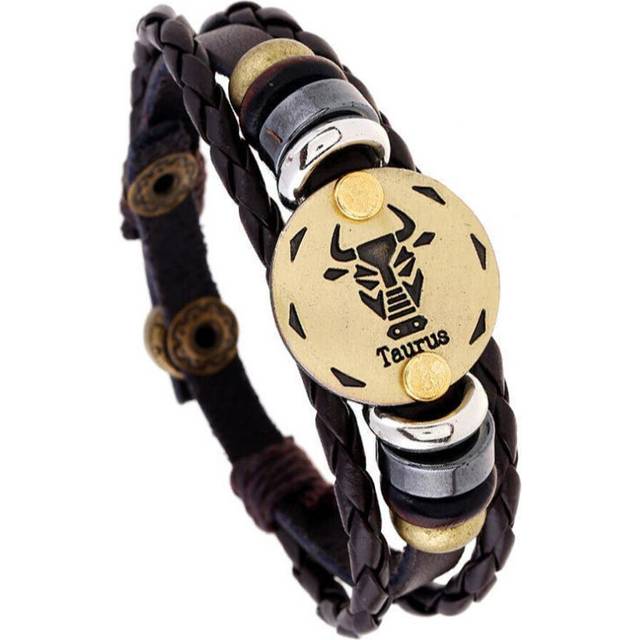 (6 Taurus) 12 Constellations Multi Layers Leather Cuff Chain Bracelet Jewelry For Women Men Birthday Valentines