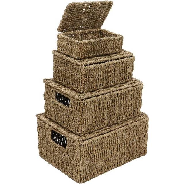 MantraRaj Seagrass Set of 4 Rectangular Lidded Storage Baskets Hand Woven Stackable Multipurpose Kitchen Bathroom With Insert Handles