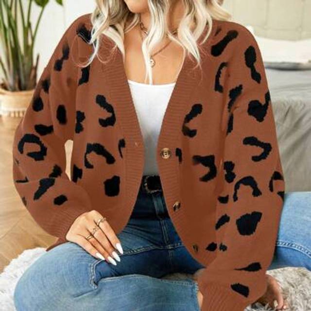SHEIN Plus Size Women Sexy Leopard Print Dropped Shoulder Cardigan Sweater, Autumn/Winter