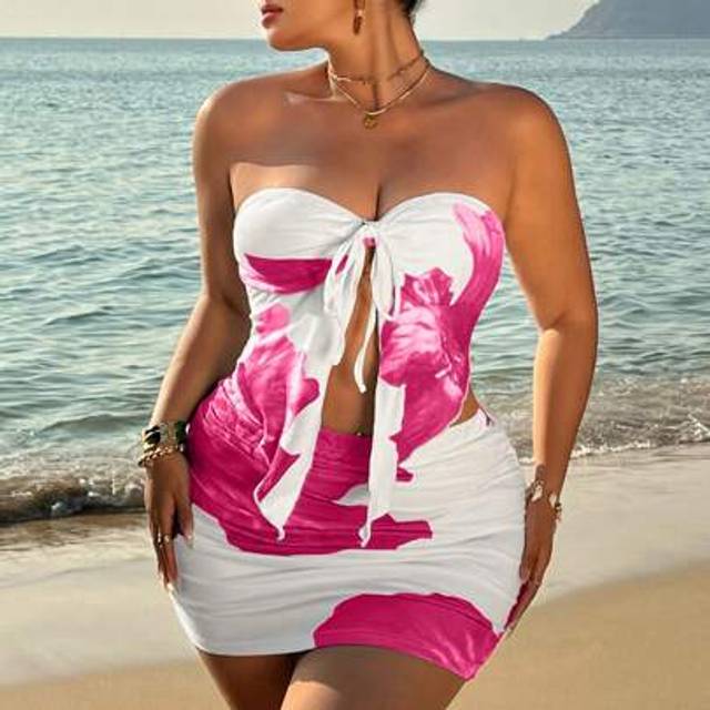 SHEIN Plus Size Women Floral Print Strapless Crop Top And Mini Skirt 2 Pieces Set