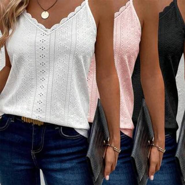 SHEIN 3pcs Knit Texture Hollow Splice Lace Trim Casual Vacation Women Tank Top