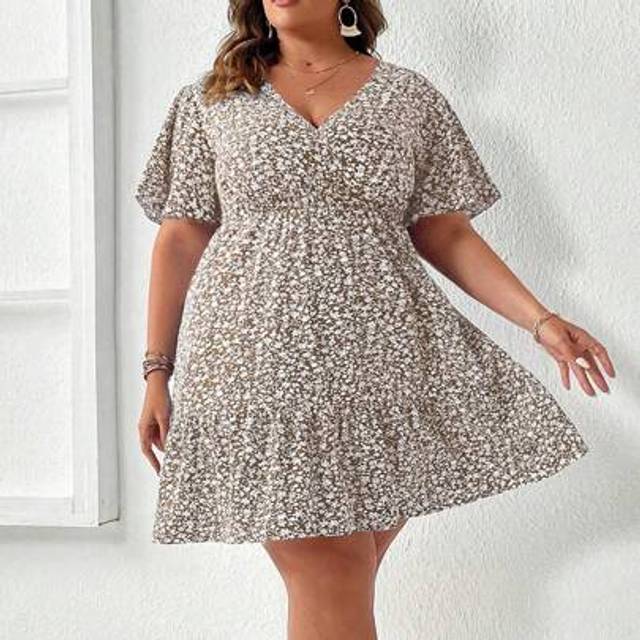 Plus Size Ditsy blommiga volanger ärm Criss Cross Neck Klänning - Aprikos (5XL,6XL,7XL,8XL)
