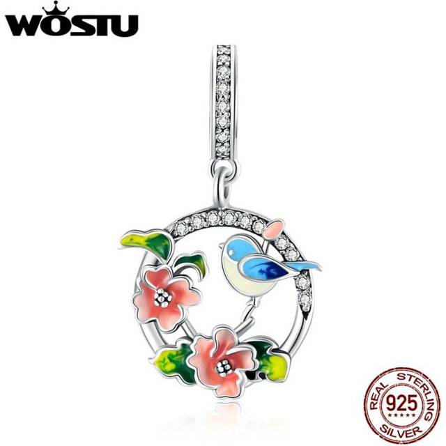 (925 silver) Wostu Colorful Birds Flowers Leaves Cz Pendant Spring Charm Fit Original Bracelet Jewelry Accessories Diy Making - Silver