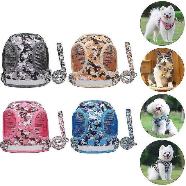 (Yellow, L) Camouflage Dogs Harness Vest Leash And Collar Set For Small Medium Dogs Chest Strap
