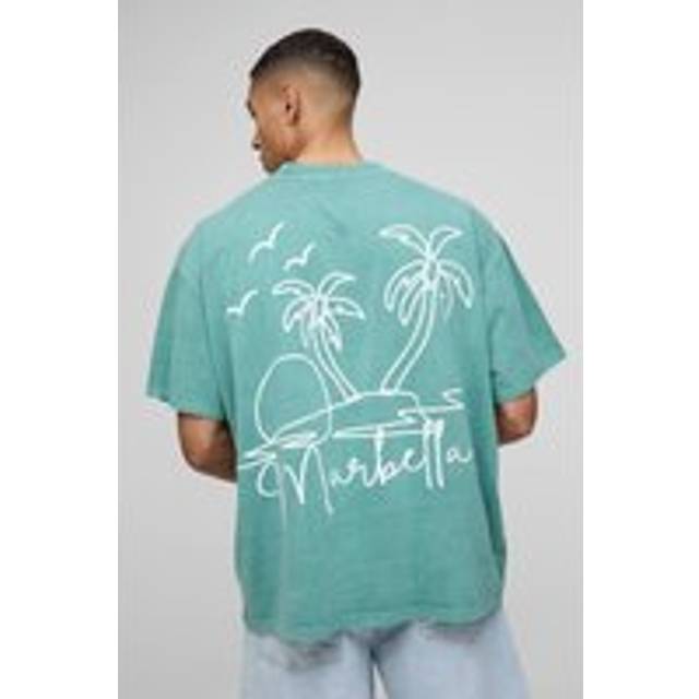 Oversized Extended Neck Line Drawn Marbella Graphic Washed T-Shirt - Green - M