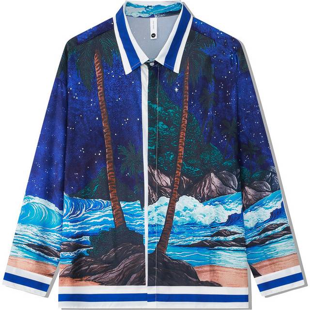 (CSWC20-CXU30, XXL) Vintage Beach Rainforest Print Button Down Shirt  Autumn Casual Long Sleeve Men's Cardigan Shirts Loose Holiday Clothing