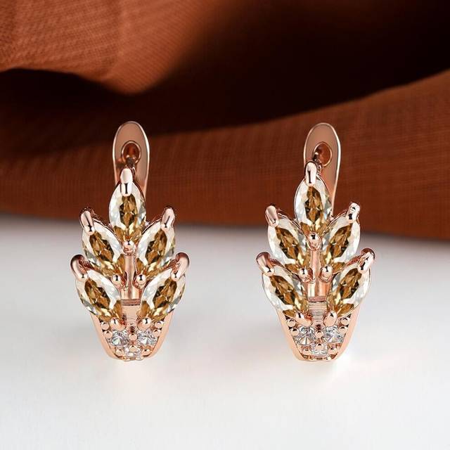 (champagne) Fashion Women Rose Gold Color Leaf Ear Hook Earrings Marquise Cut Red Blue Purple Stone Pendant Earrings Jewelry Bridal Wedding Gift Acces