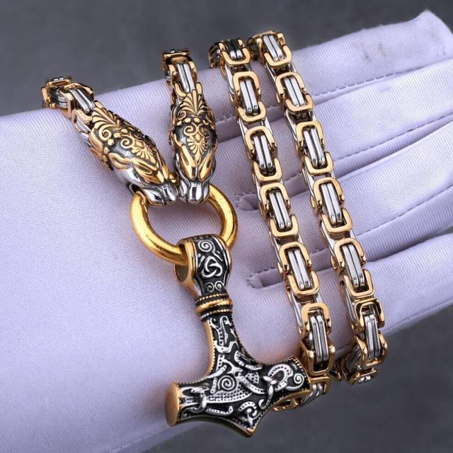 (as the picture, 60cm) Vintage Viking Dragon Head Amulet Thor's Hammer 316l Stainless Steel Pendant Necklace Pirate King Chain With Valknut Gift