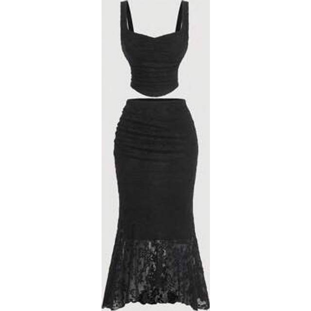 SHEIN Black Lace Vest Fishtail Skirt Two-Piece Set Dreamy Formal Set,Prom Set,Cruise Women Outfits, Clothes,90s Outfit,Fall Sets,Korean Fashion,Corpse Bride