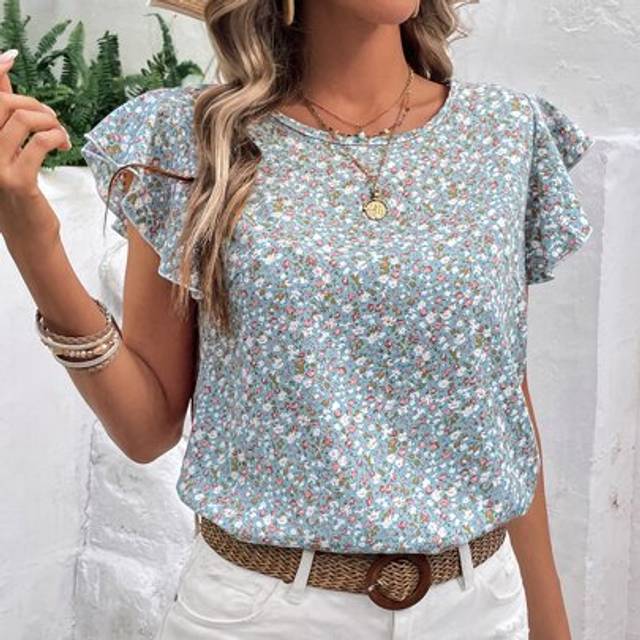 SHEIN Ditsy Floral Print Butterfly Sleeve Blouse
