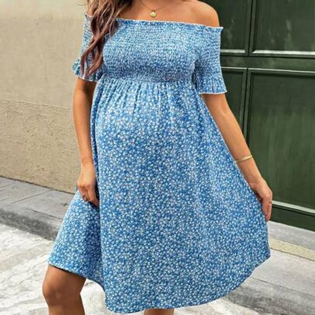 SHEIN One-Shoulder Ruffled Sleeves And Cable-Fitted Floral Knee-Length Maternity Dress