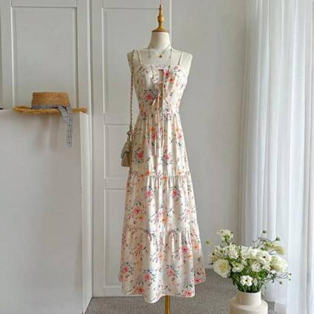 Kvinnors sommar blommigt tryck Front Tie Spaghetti Strap Vacation Dress - Multifärgad (L,M,S,XL,XS)