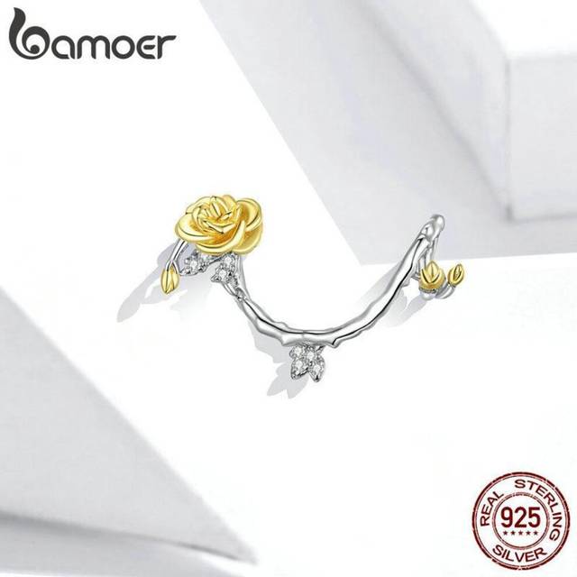 (925 silver) Bamoer 925 Sterling Silver Rose Vines Plated Platinum Charm For Origianl Bracelet Bead For Jewelry Making