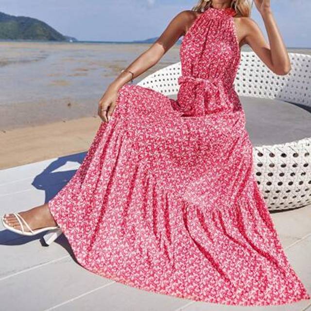 Omgiven Krås Hem Blommig Boho Klänning - Röd (L,M,S,XL)